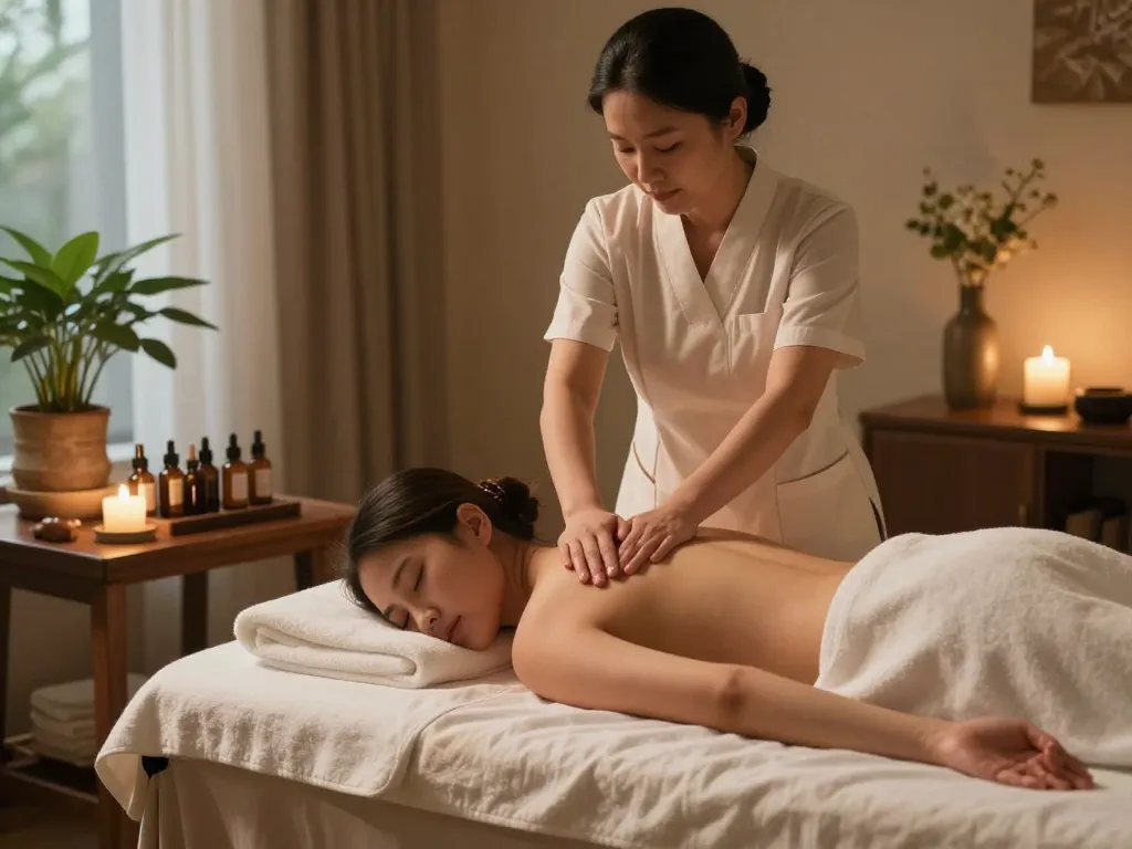 Relaxing 서초스웨디시 spa treatment with ambient lighting and aromatherapy oils.