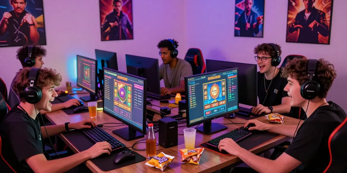 Engaged players competing in a thrilling rokok88 slot game online with vibrant gaming setup.