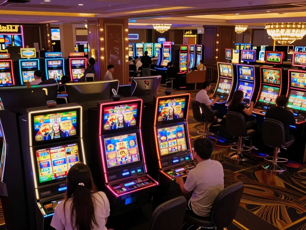 Engaging moment at a vibrant casino floor showcasing slot server thailand with colorful machines and excited players.