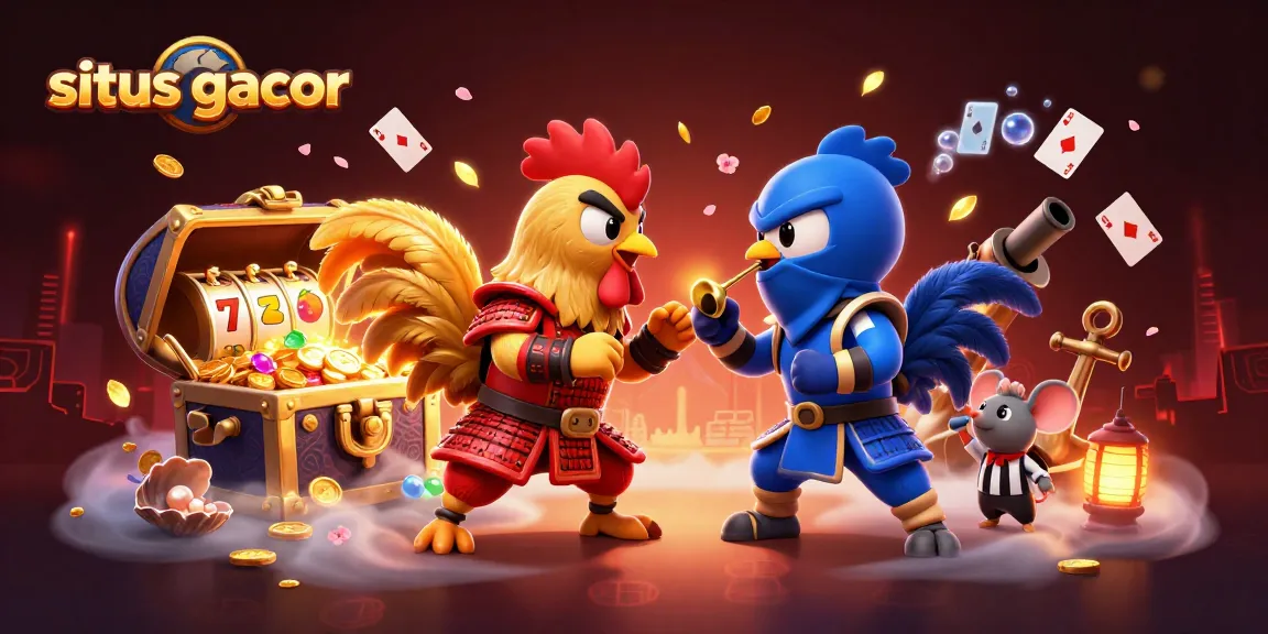 Engage with situs gacor's thrilling action as cartoon roosters battle amid dynamic casino elements.