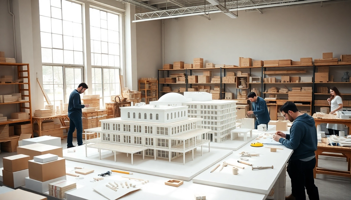 Architekturmodellbau Mannheim - Detailaufnahme eines modernen Architekturmodells in einem kreativen Atelier.