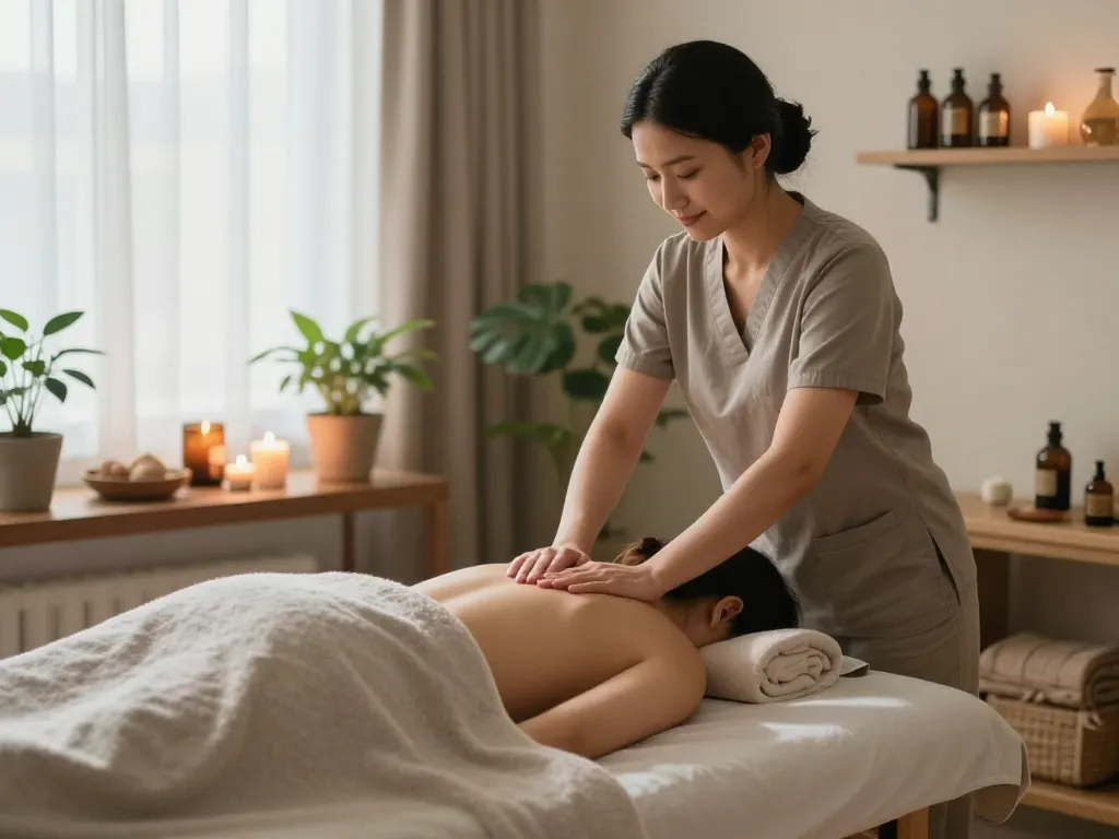 Experience peaceful 천안스웨디시 massage in a serene therapy room with calming elements and skilled therapist.