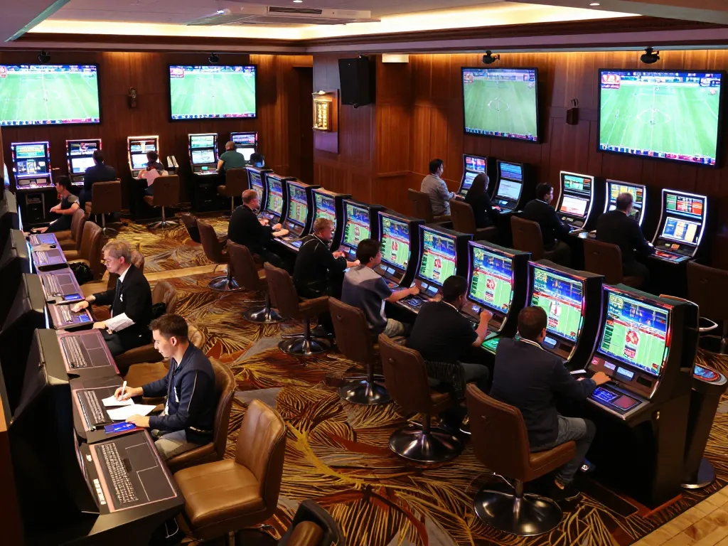 Engaged bettors analyzing Kèo nhà cái odds in a stylish casino betting area, showcasing vibrant screens and comfortable seating.