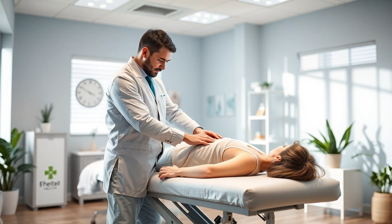 Chiropractor near me actively adjusting a patient's spine in a welcoming clinic.