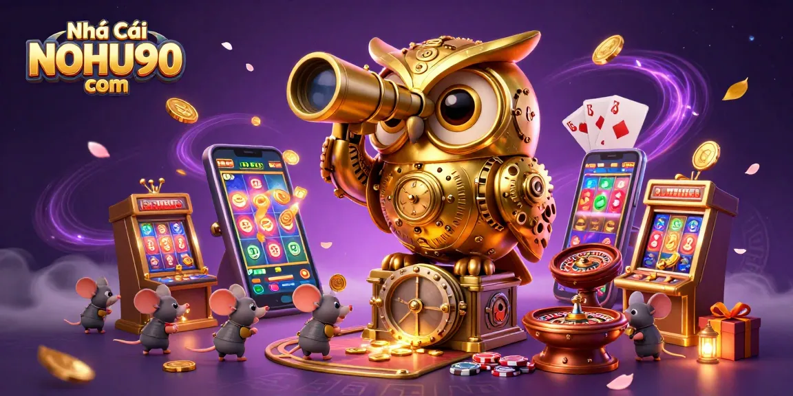 Experience the thrill at Nhà Cái NOHU90 com with a vibrant scene of cartoon owls and gaming elements.