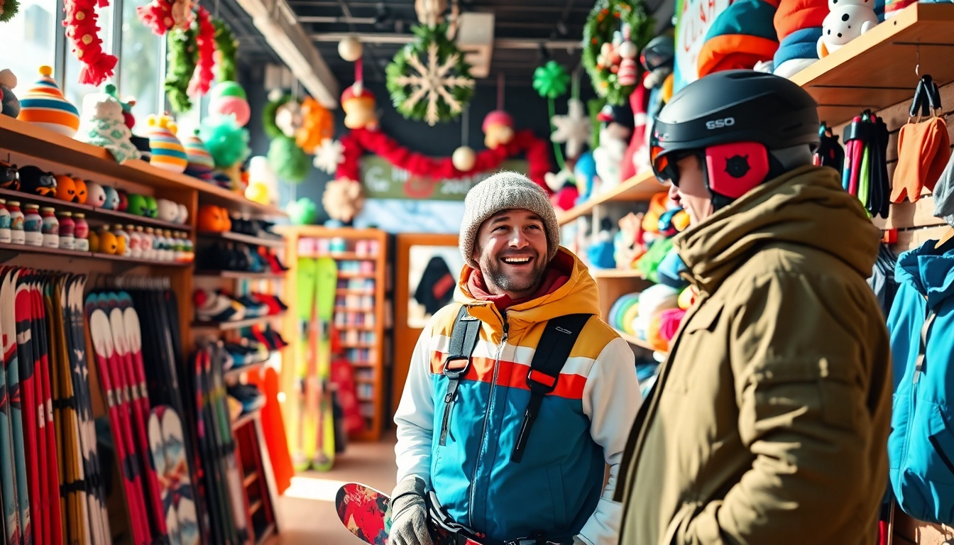 Browse equipment at a ski shop filled with vibrant winter gear and accessories.