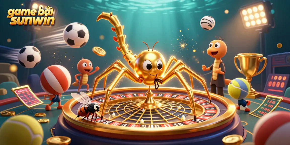 Experience the thrill of game bài sunwin with our dynamic casino scene showcasing a golden spider, fly and centipede croupier.