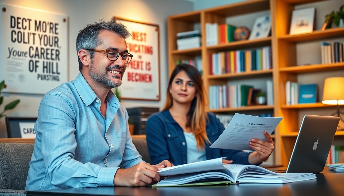 Find my true calling in a career counseling session, highlighting a supportive office environment.