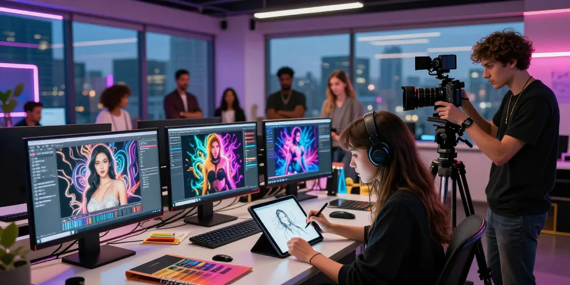 Creative studio scene showcasing AI porn art with diverse artists collaborating on innovative digital visuals