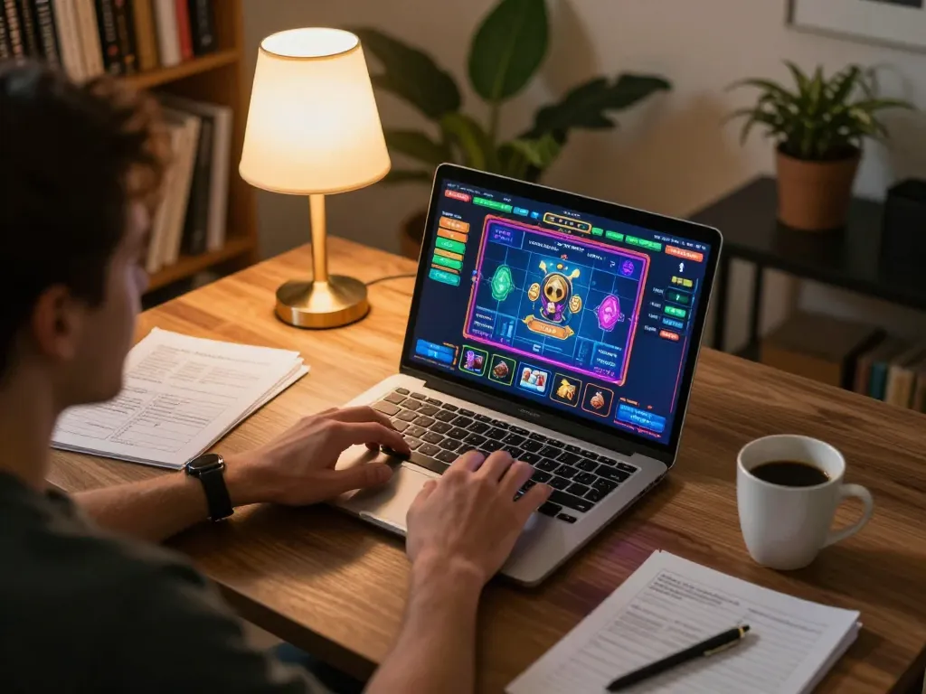 Player engaged with Nk88 live dealer game, showcasing vibrant online casino interface and cozy workspace