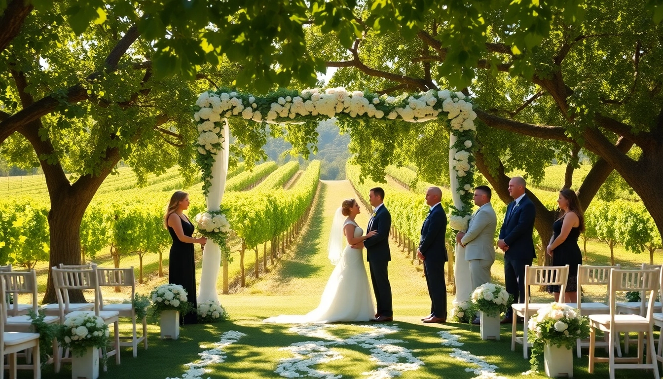 Couple celebrating a beautiful Clarksburg wedding surrounded by lush vineyard scenery.