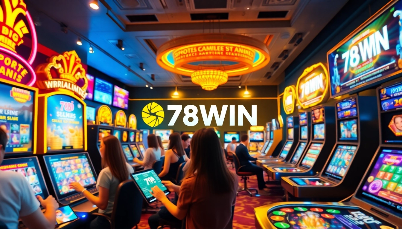 78WIN's vibrant online gaming scene showcasing slot machines and sports betting excitement