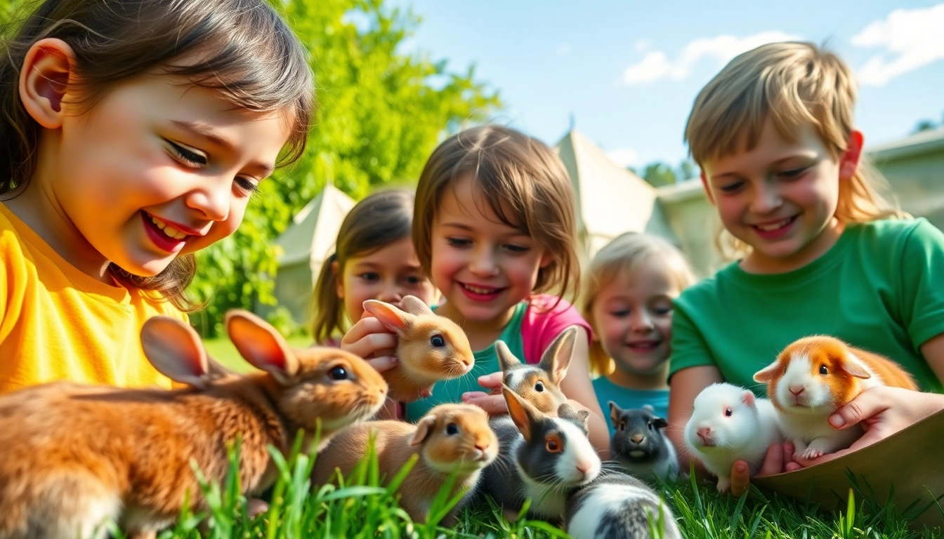 Children at an animal camp in Illinois engaging with small animals in a joyful outdoor setting