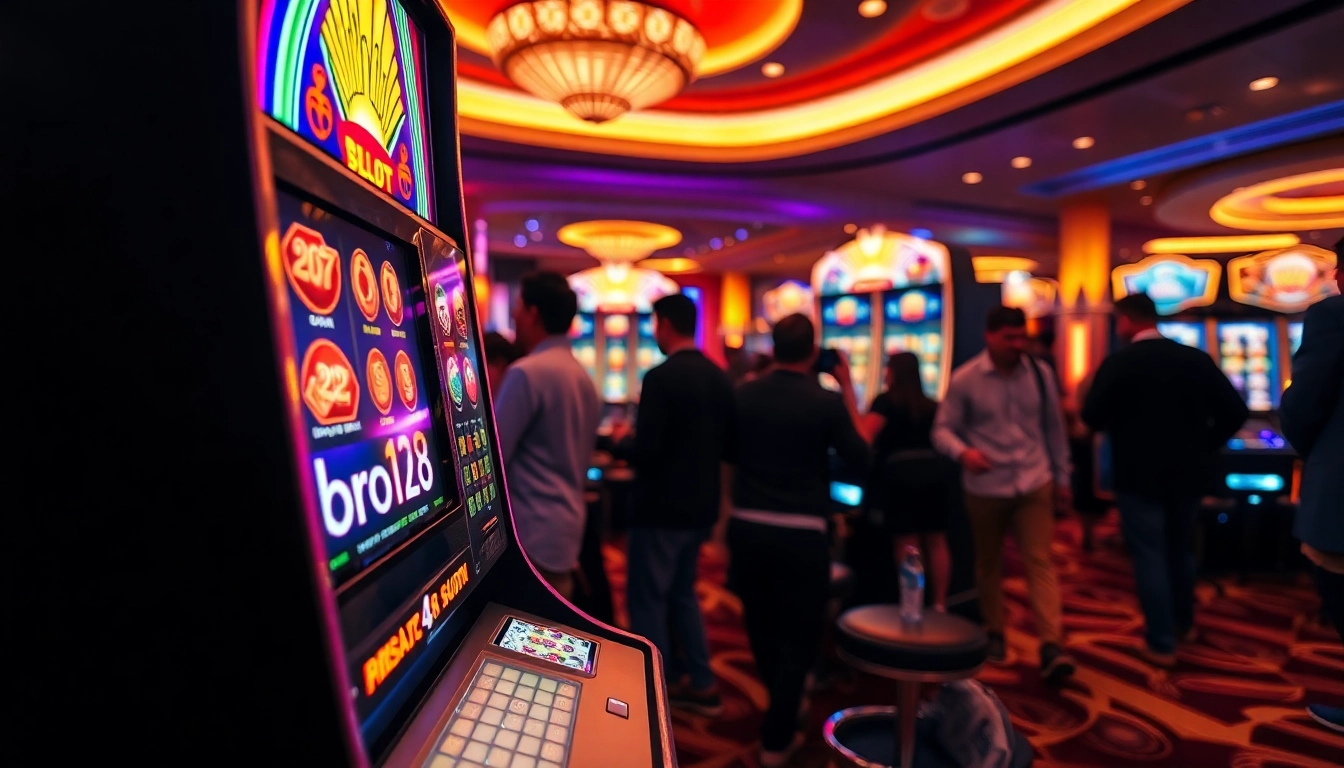 Membagikan pengalaman bermain bro138 slot dengan suasana kasino yang meriah dan mesin slot modern.