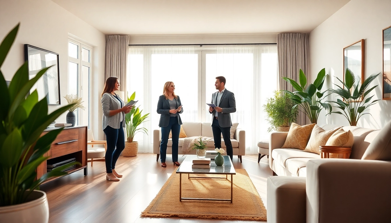 Real Estate agents showcasing a modern home in natural light during a property showing.