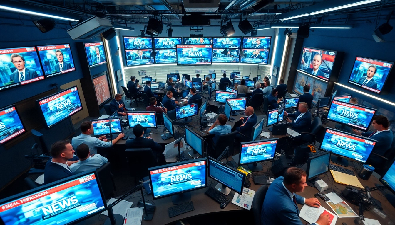 Engaged journalists reporting breaking news in a vibrant newsroom environment.