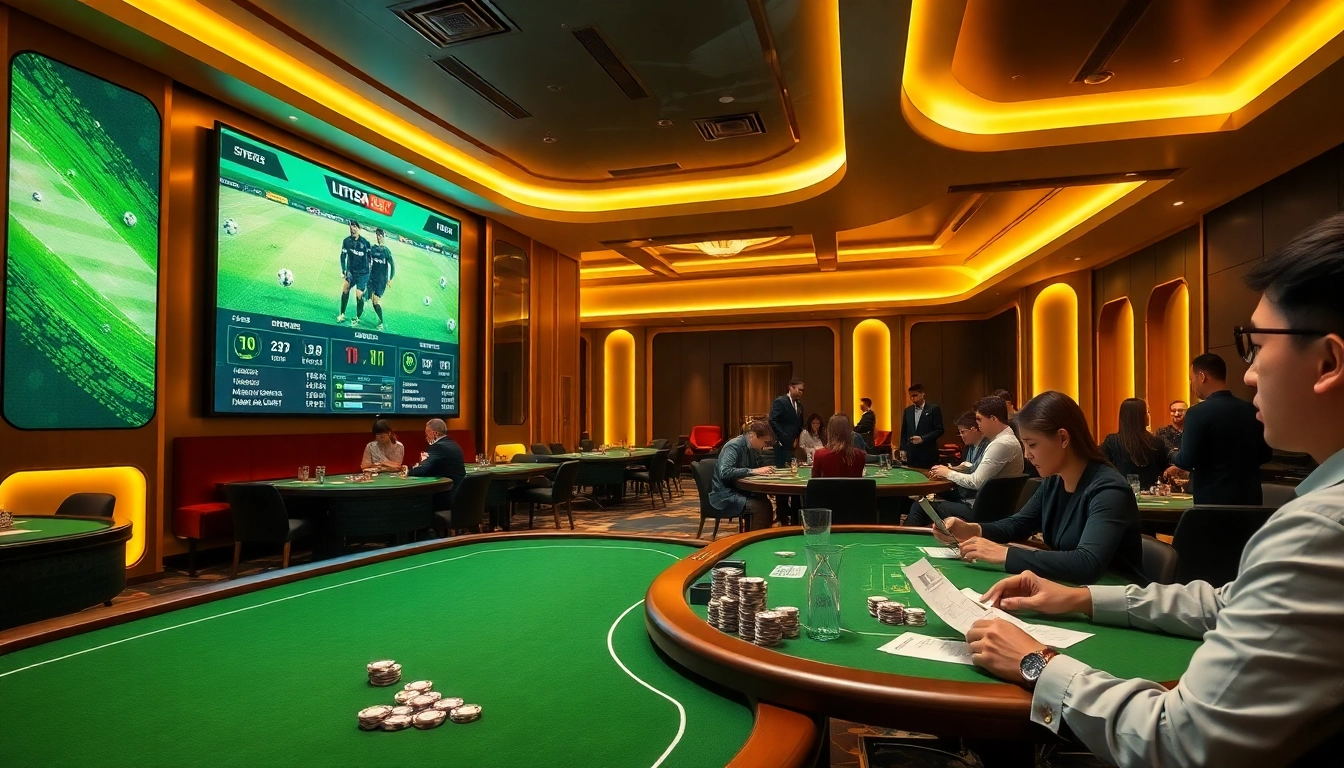 Exciting betting scene showing live kết quả bóng đá displayed at a luxury casino, with engaged players and vibrant atmosphere.