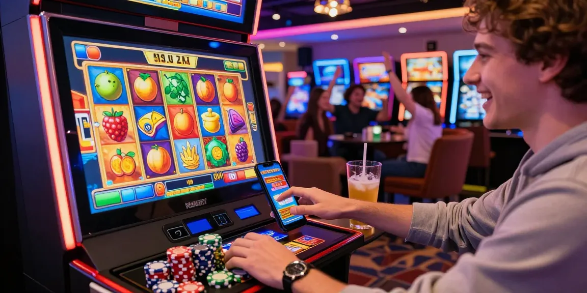 Excited player enjoying a vibrant slot machine game in a modern casino.