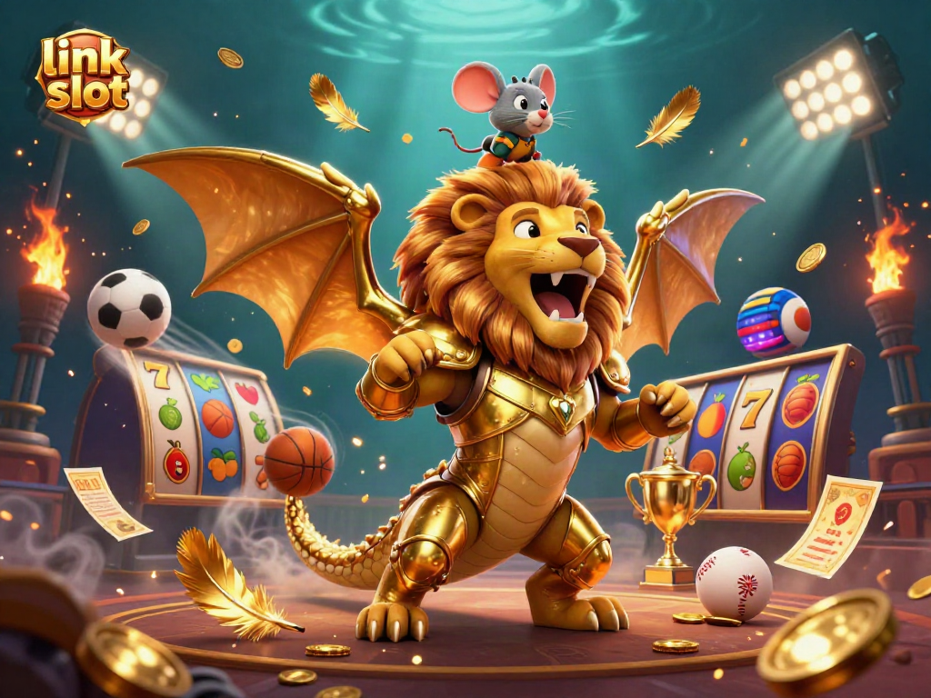 Experience the excitement of link slot gaming with a triumphant chimera and a brave mouse jockey in a dazzling casino scene.