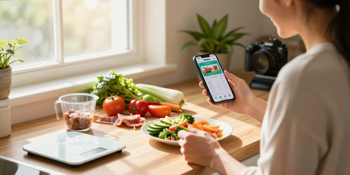 Using the best calorie tracker app to log nutritious meals in a bright kitchen.