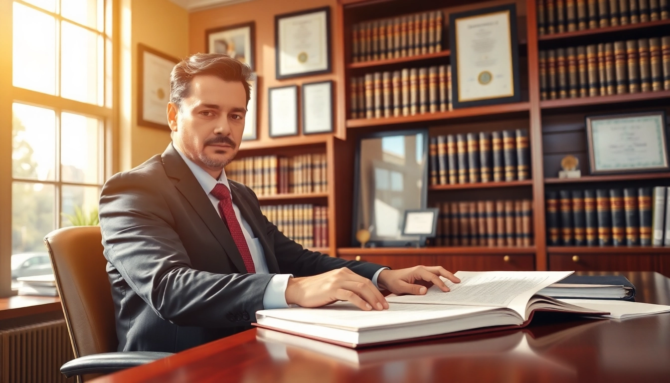 Empathetic Alexandria Personal Injury Lawyer assisting clients in a professional office environment.