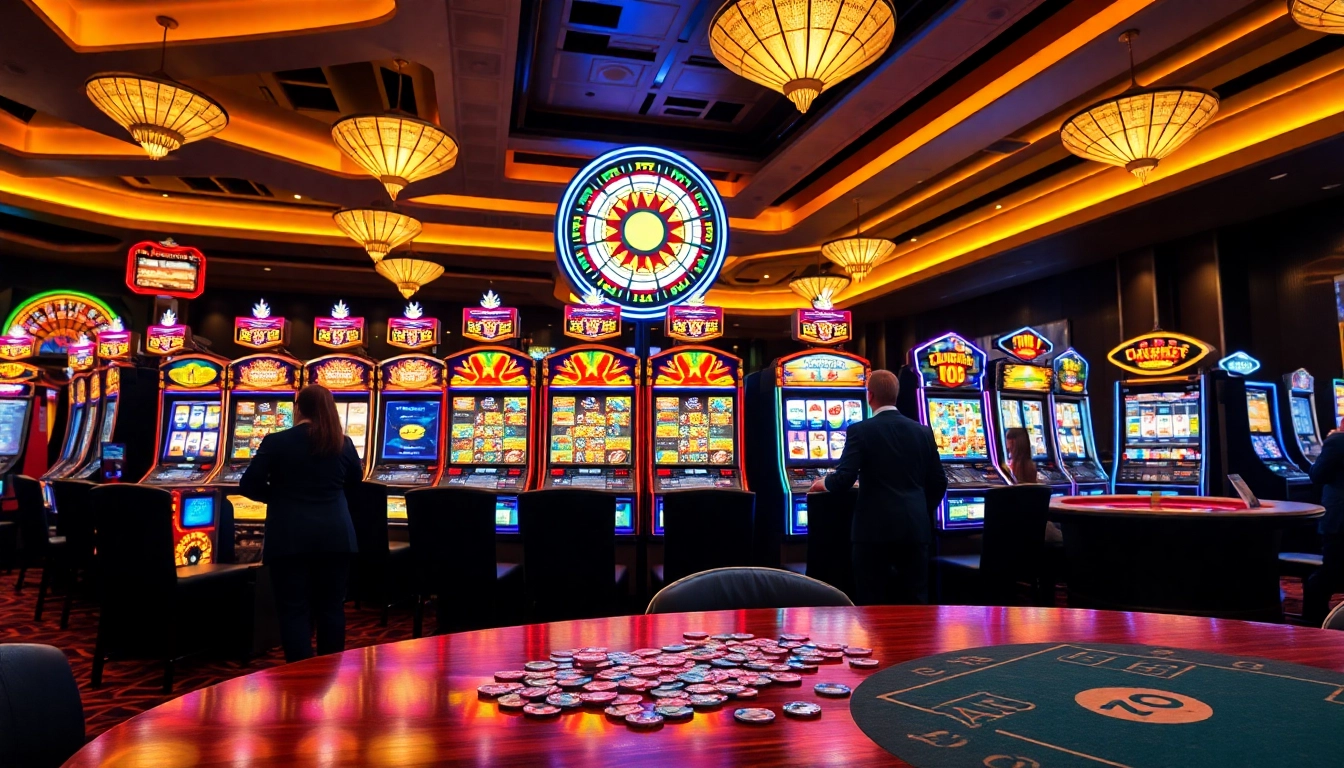 Players enjoying pg slot games in a lively casino, celebrating big wins surrounded by vibrant lights.