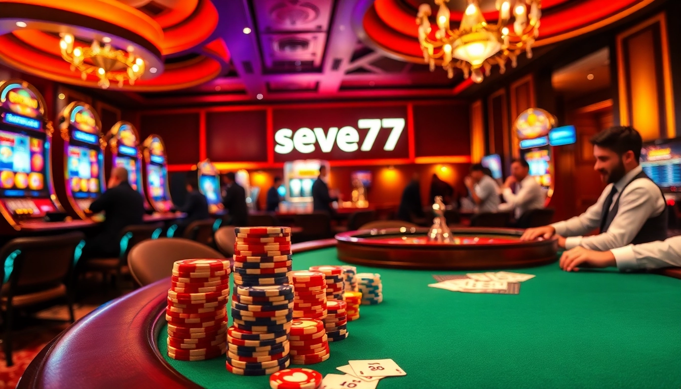 Experience the thrill of winning with seven77 at a vibrant poker table in a luxurious casino scene.