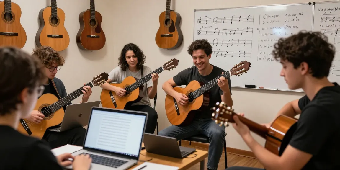 Engaging online classical guitar lessons with a certified instructor guiding students of all ages through interactive sessions.