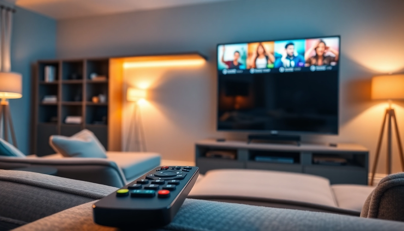 Enjoy streaming IPTV channels in a cozy living room setup with a sleek TV and remote.