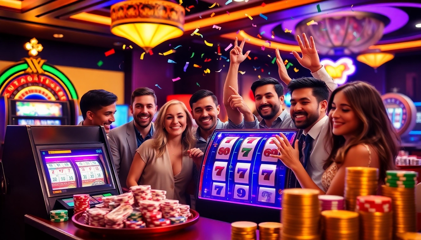 Players celebrating a big win on a slot depo 5k machine in a vibrant casino atmosphere.