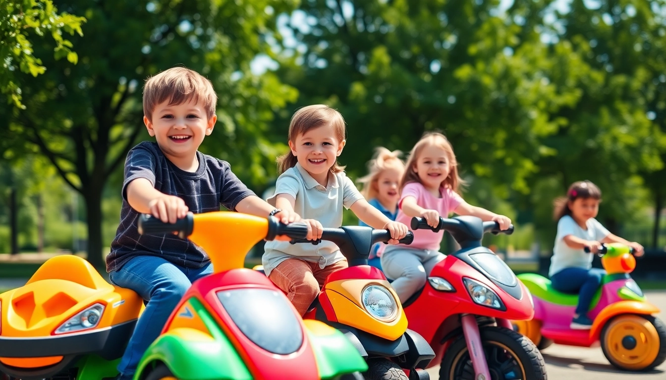 Kids enjoying ride on toys in an outdoor park with bright colors and active play.