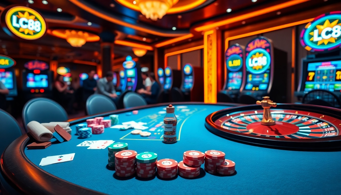 Experience high-stakes action at an LC88 casino gaming table filled with vibrant poker chips and interactive roulette, showcasing excitement.