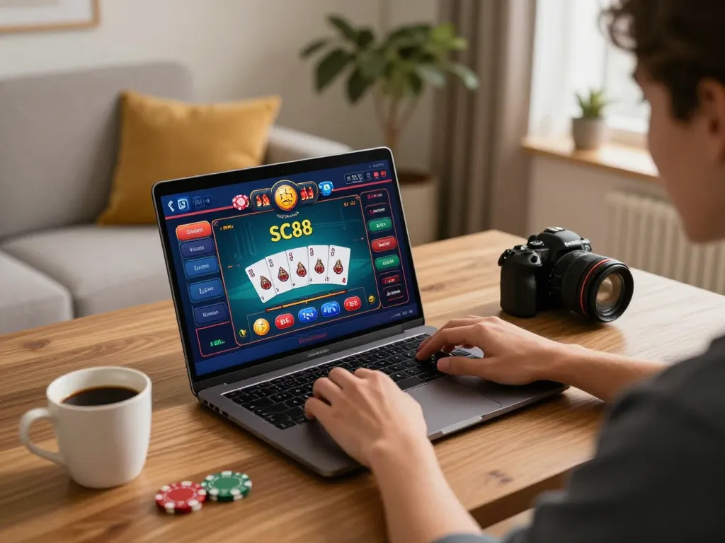 Engage with SC88 online casino gameplay in a cozy home setup featuring vibrant screen.