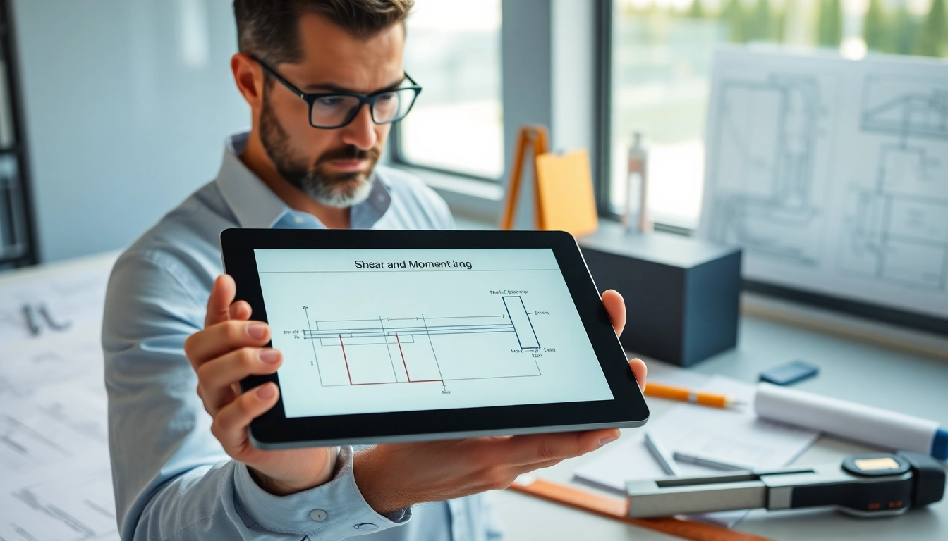 Engineer analyzing a shear and moment diagram on a tablet in a modern office setting.