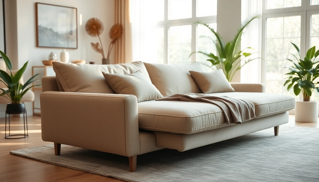 Cozy and inviting sofa bed in a stylish living room, perfect for relaxation and comfort.