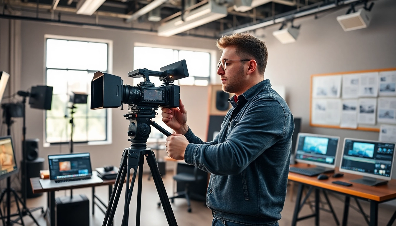 Engaging video production setup featuring professional gear and vibrant studio lighting.