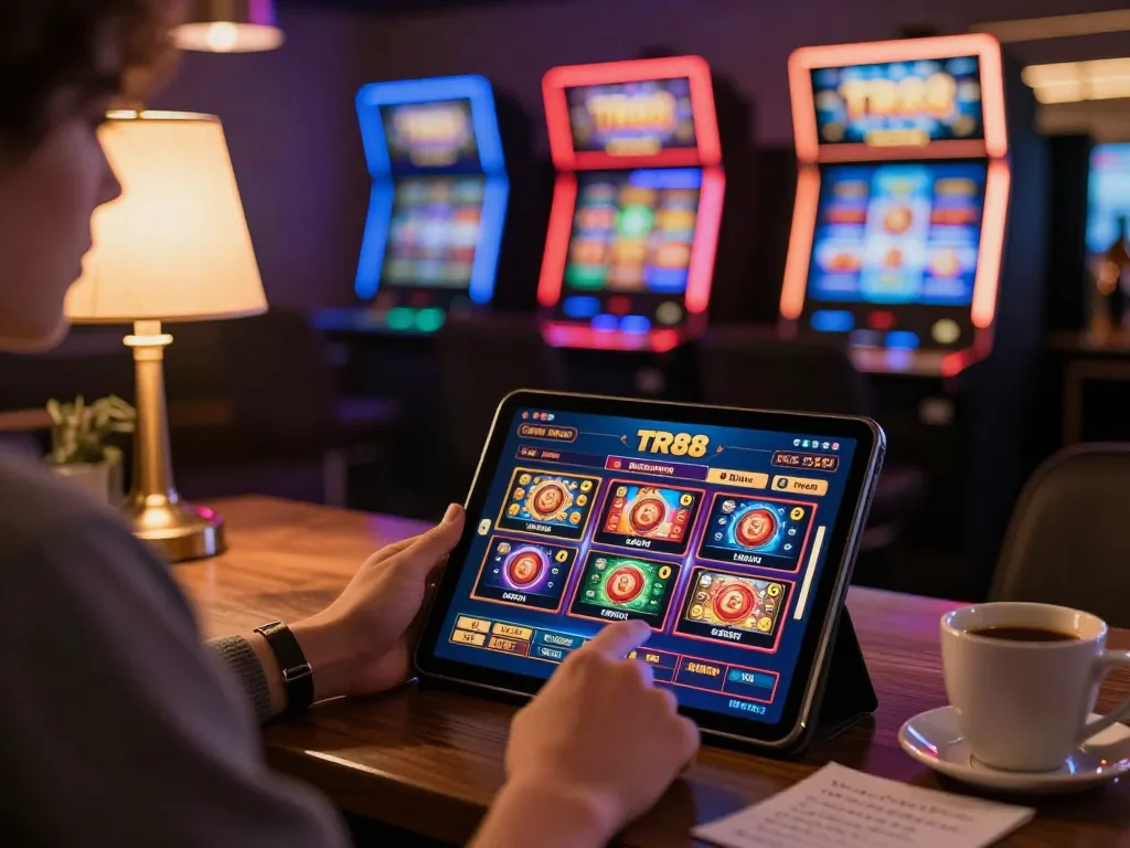 Engaging in a relaxed online gambling session on TR88 with tablet showcasing exciting games.