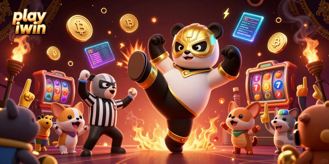 Play iwin and experience fun with a cartoon panda wrestler and a referee in a vibrant casino scene.
