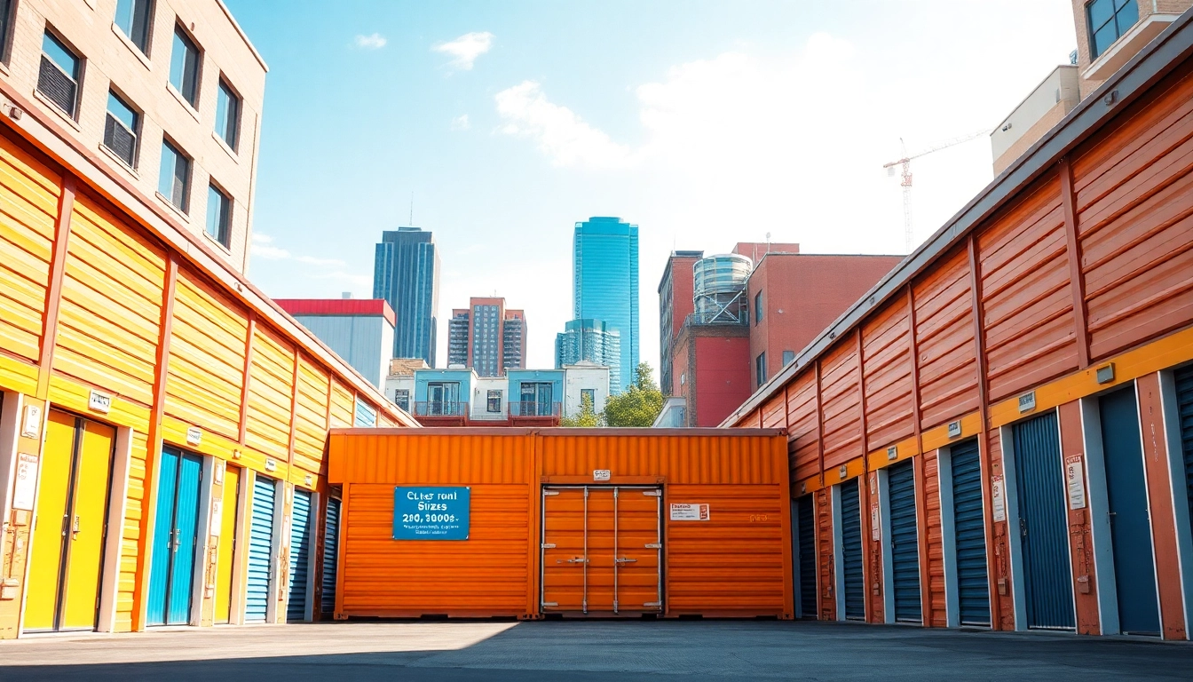 Images demonstrating self storage units at an organized urban facility with clear labeling.