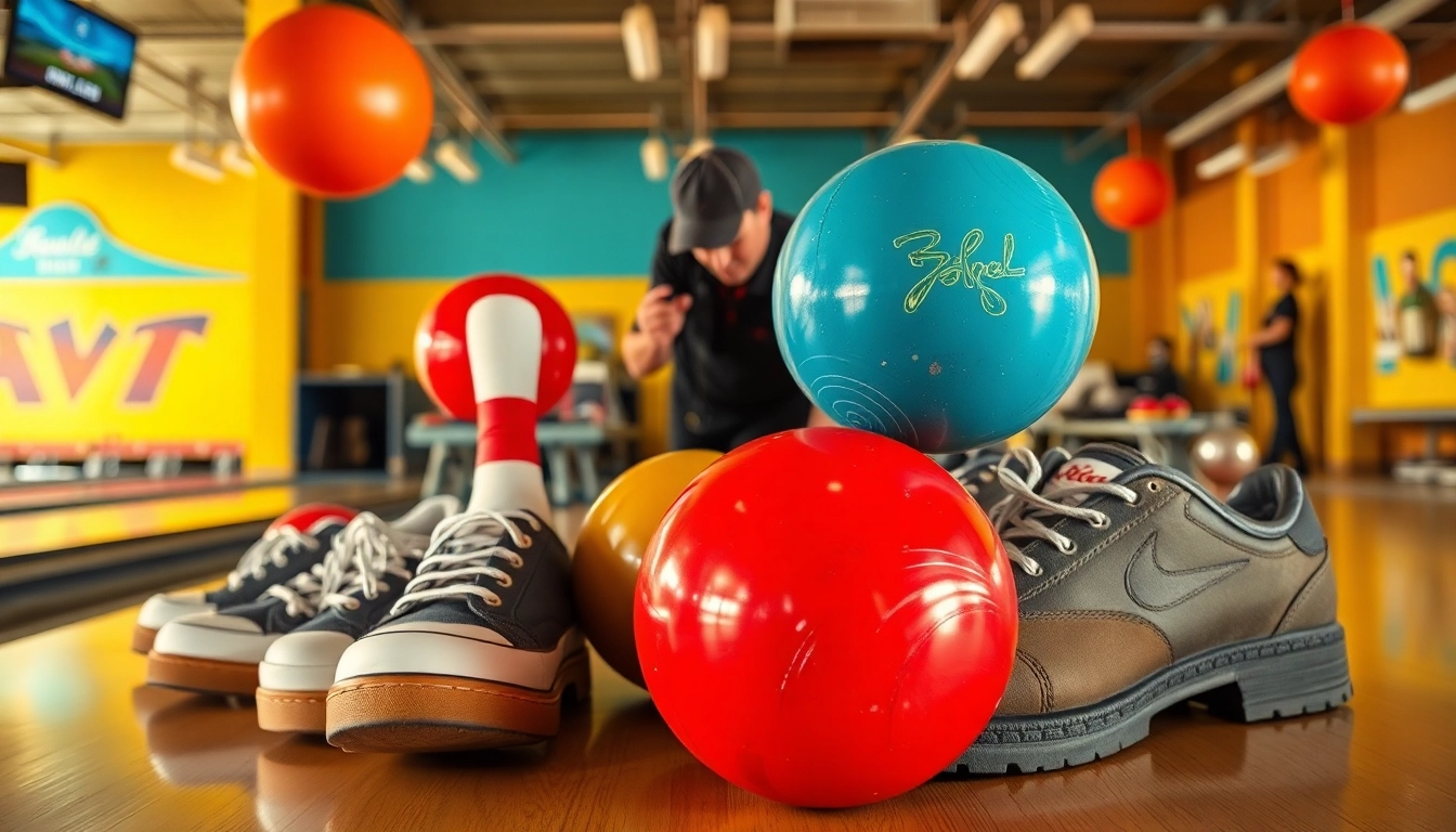 Explore high-quality used bowling equipment in a welcoming bowling alley.