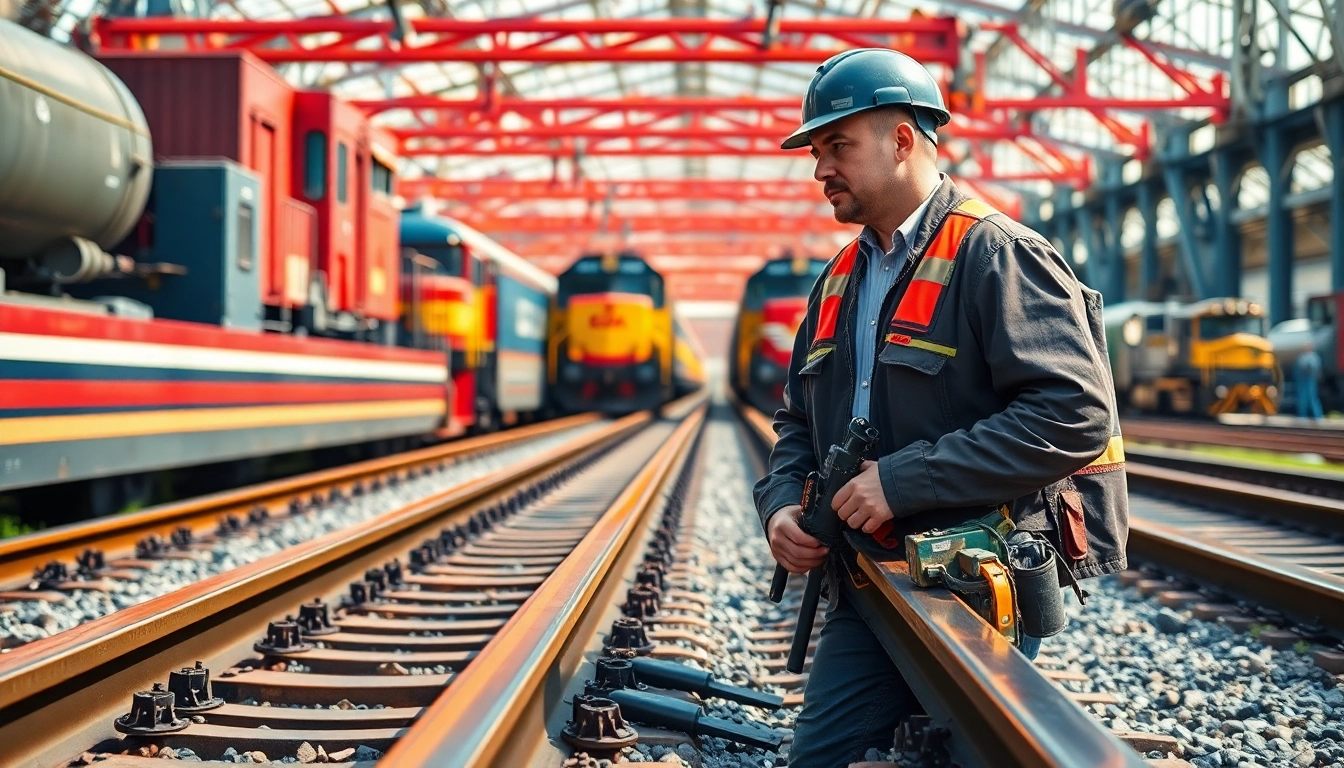 Engineer performing Railway Engineering inspections in a modern train yard.
