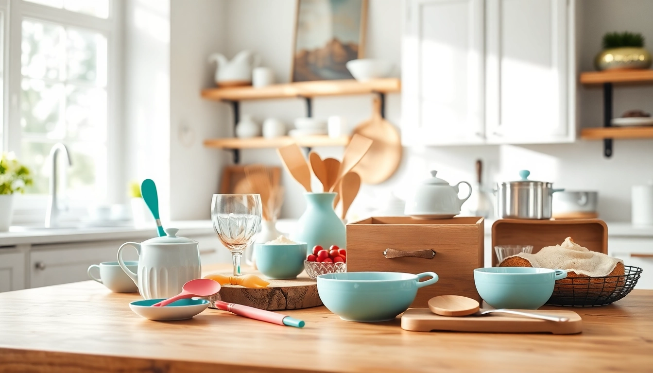 Kitchenware gift ideas NZ displayed beautifully on a wooden table showcasing vibrant kitchen gifts.