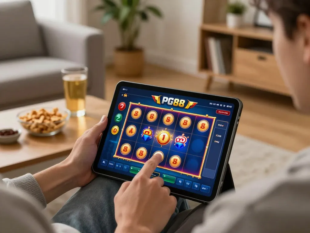 Engaging with the PG88 casino app on tablet in a cozy home setting, showcasing online gaming.