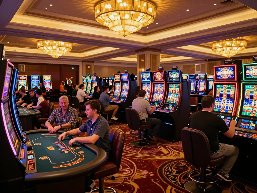 Players enjoying dynamic gameplay at fly88's exciting casino floor filled with vibrant slot machines.