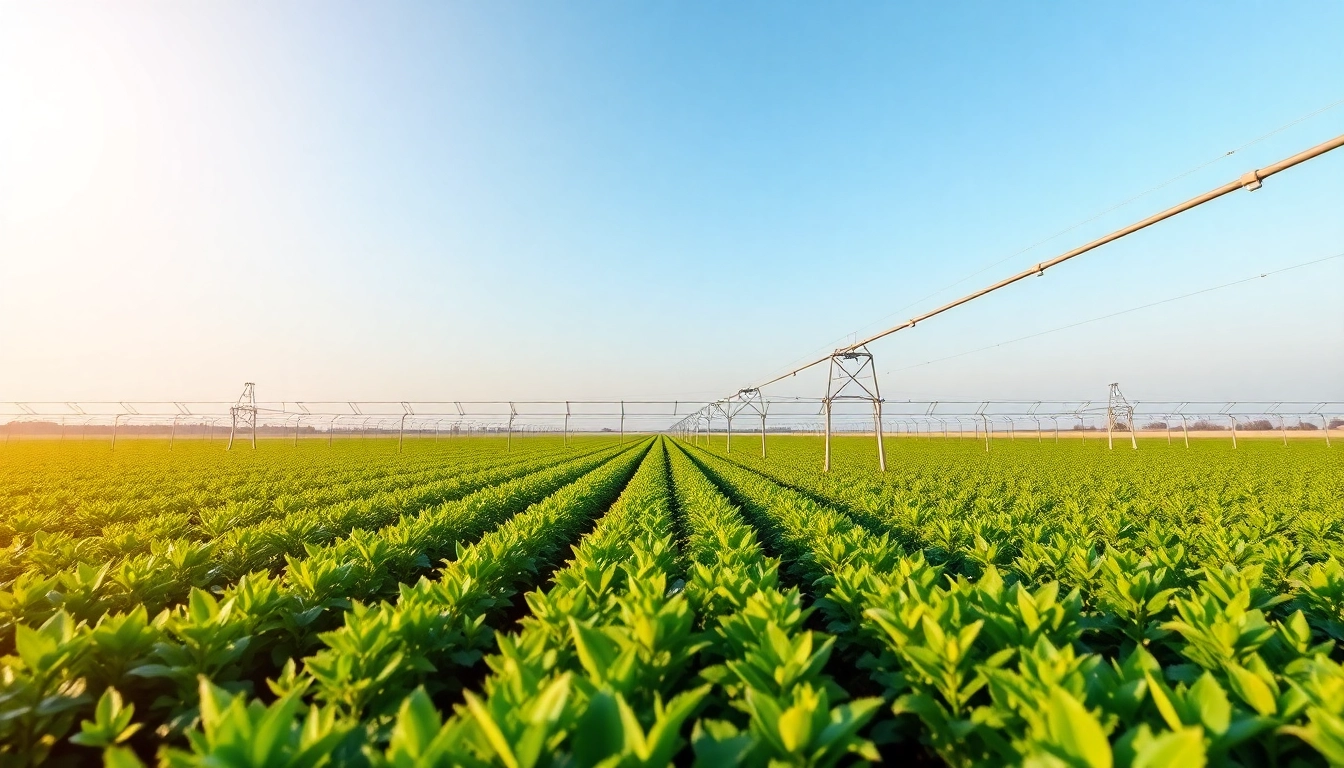 Land irrigation setup showcasing effective crop management with sprinklers and lush greenery.