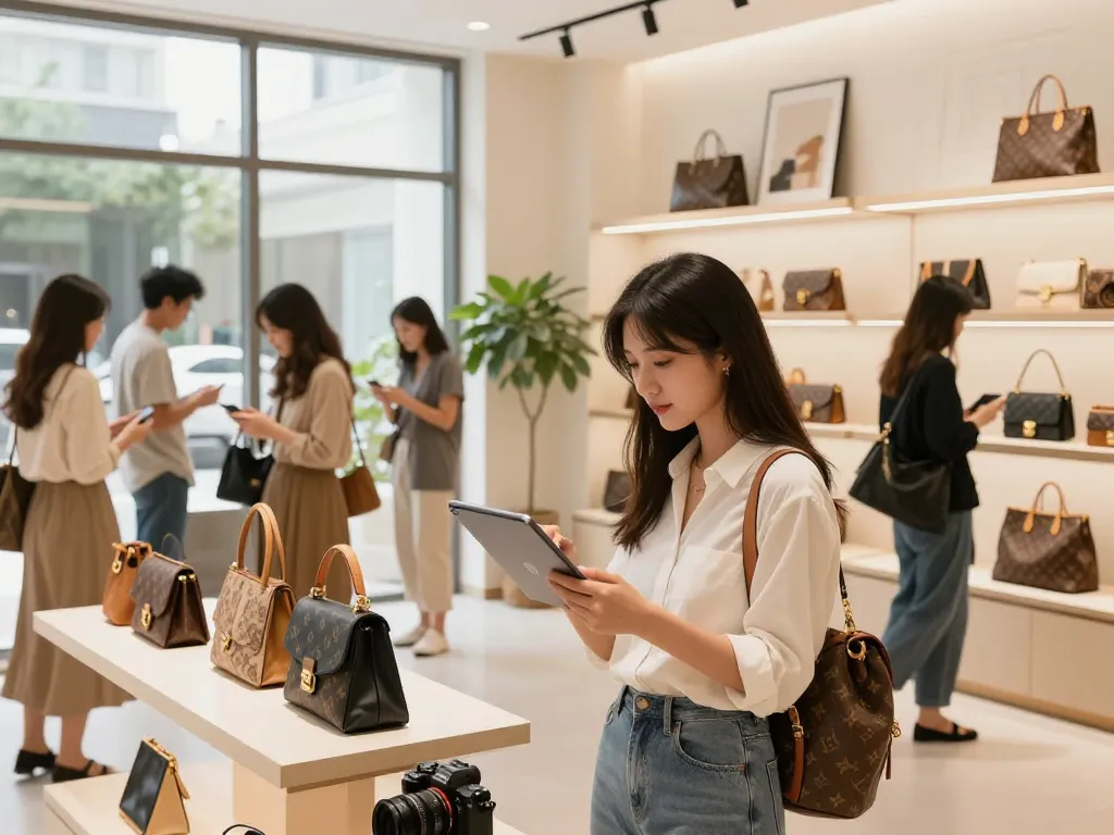 Shopper engaging with a stylish 레플리카 쇼핑몰, exploring luxury replica items surrounded by modern decor.