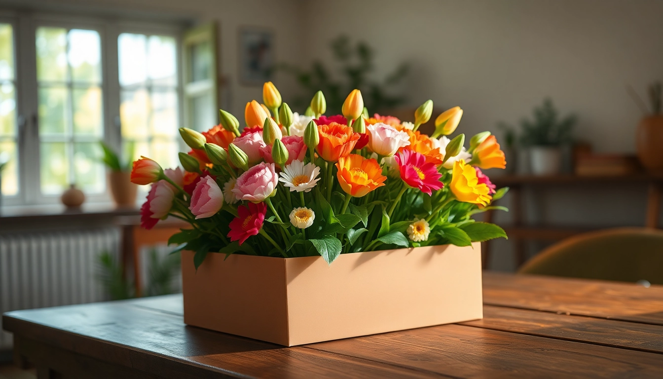 Beautifully arranged letterbox flowers blooming with vibrant colors in a decorative box on a rustic table.