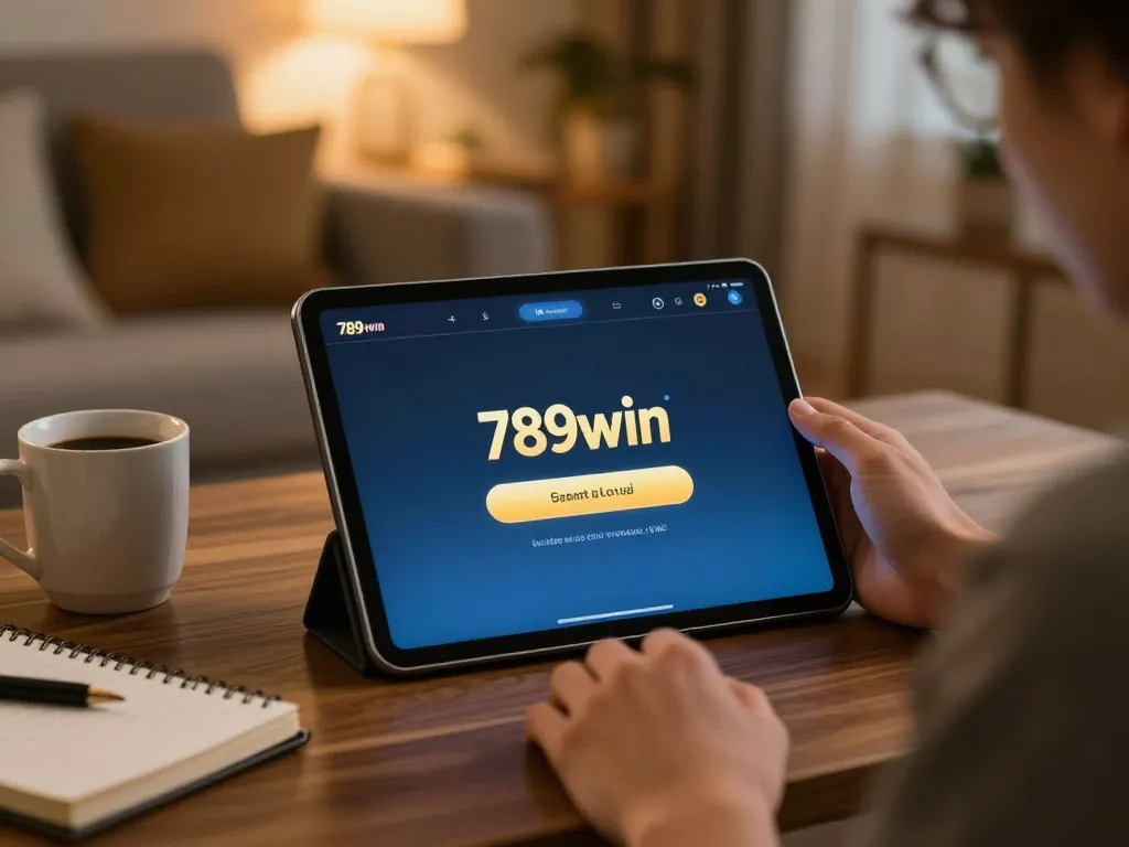 Engaging scene with a person using the 789win link mới on a tablet, enhancing online gambling strategy.