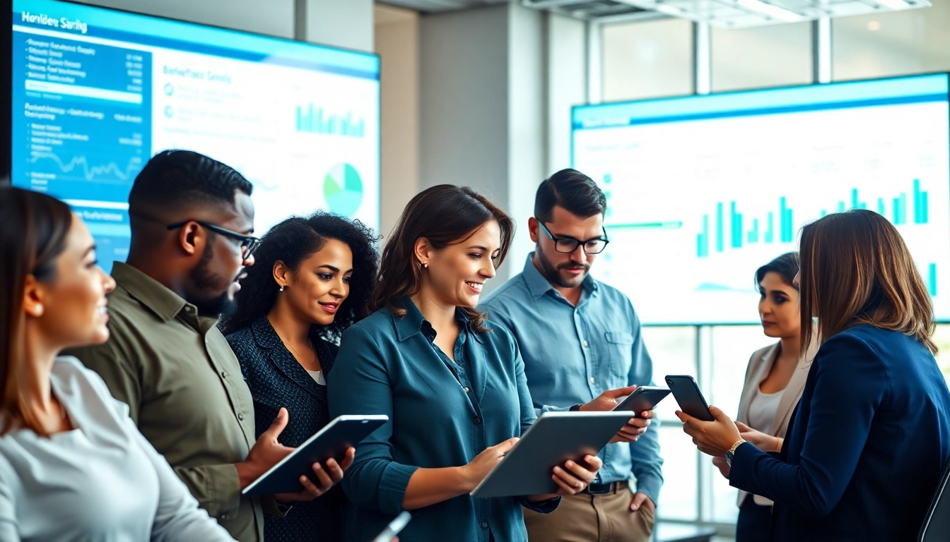 Team utilizing an enterprise search engine software in a modern office environment.