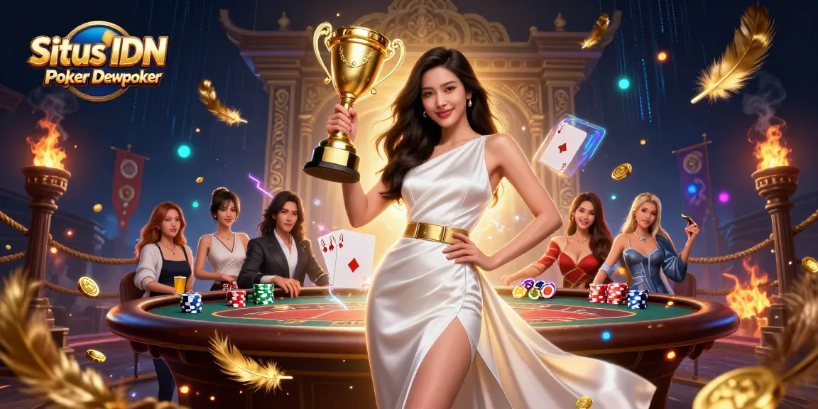 Situs IDN Poker Dewapoker showcases a victorious woman holding a trophy amidst a vibrant poker-themed backdrop.